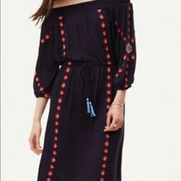 Loft Embroidered Blue Off the Shoulder Dress Sz-XS - Picture 3 of 8